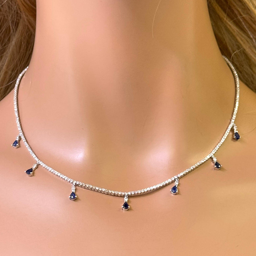 SPECIAL! 3.42ct G SI 14K White Gold Diamond & Blue Sapphire Gemstone Tennis Necklace 14" + 2" Long