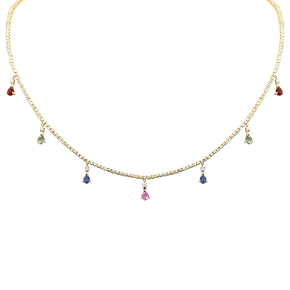 SPECIAL! 3.56ct G SI 14K Yellow Gold Diamond & Multi Color Gemstone Tennis Necklace 14" + 2" Long