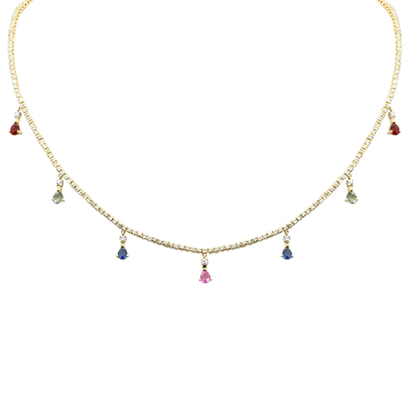 SPECIAL! 3.56ct G SI 14K Yellow Gold Diamond & Multi Color Gemstone Tennis Necklace 14" + 2" Long