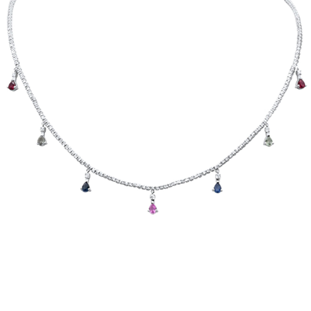 GEMSTONE CLOSEOUT!  3.32ct G SI 14K White Gold Diamond & Multi Color Gemstone Tennis Necklace 14" + 2" Long