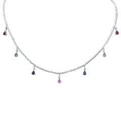 GEMSTONE CLOSEOUT!  3.32ct G SI 14K White Gold Diamond & Multi Color Gemstone Tennis Necklace 14" + 2" Long