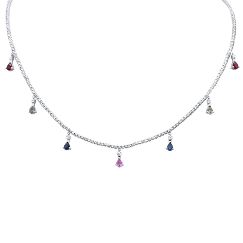 GEMSTONE CLOSEOUT!  3.32ct G SI 14K White Gold Diamond & Multi Color Gemstone Tennis Necklace 14" + 2" Long
