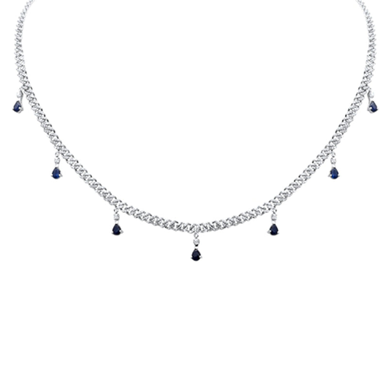 SPECIAL! 2.35CT G SI 14K White Gold Diamond & Blue Sapphire Gemstone Cuban Necklace 12" + 4" Long
