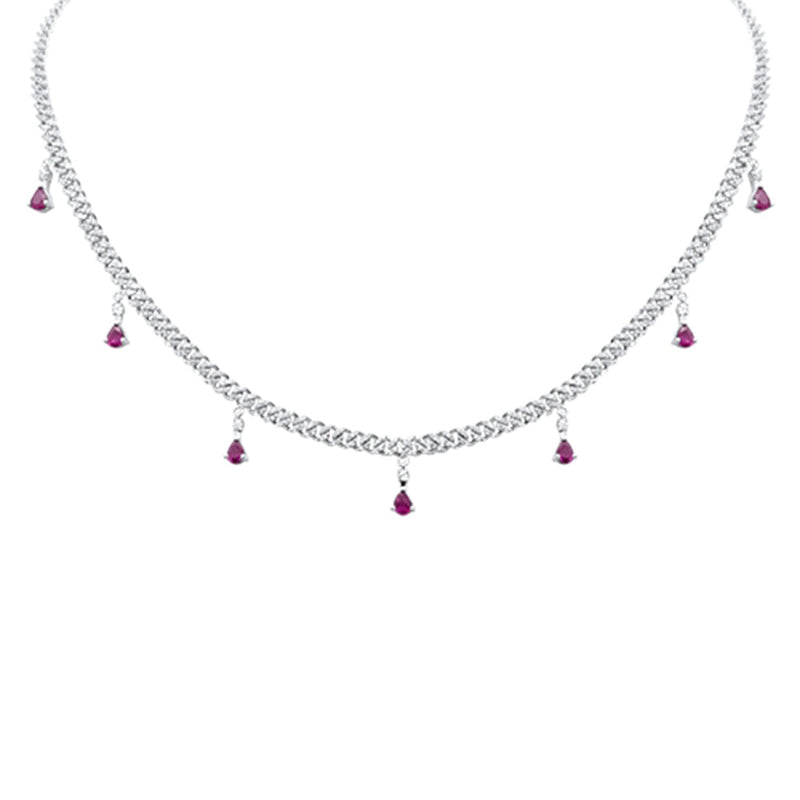 GEMSTONE CLOSEOUT!  2.56ct G SI 14K White Gold Diamond & Ruby Gemstone Cuban Necklace 12" + 4" Long