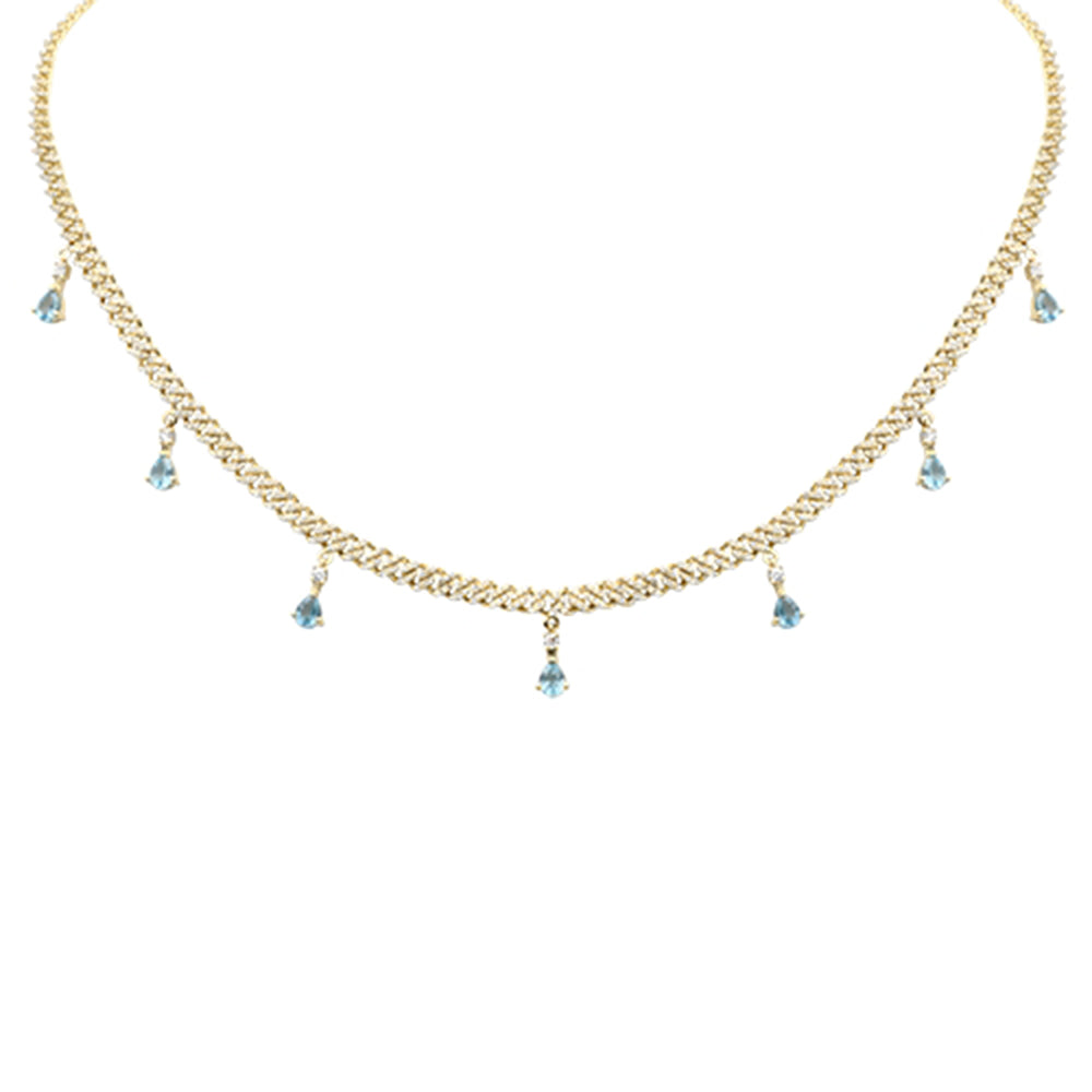 SPECIAL! 2.54ct G SI 14K Yellow Gold Diamond & Blue Topaz Gemstone Cuban Necklace 12" + 4" Long