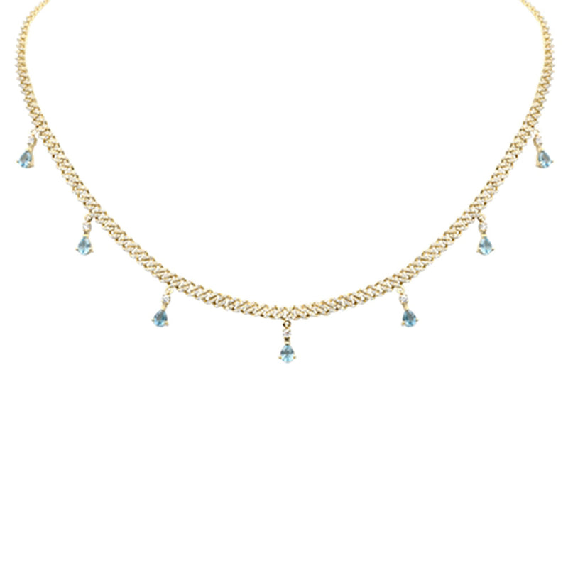 SPECIAL! 2.54ct G SI 14K Yellow Gold Diamond & Blue Topaz Gemstone Cuban Necklace 12" + 4" Long