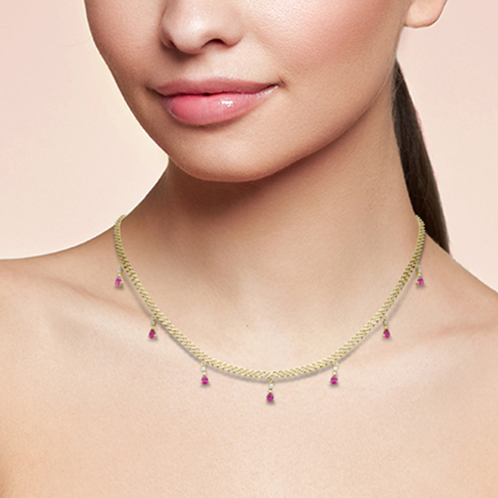 SPECIAL! 2.49ct G SI 14K Yellow Gold Diamond & Pink Tourmaline Gemstone Cuban Necklace 14" + 2" Long
