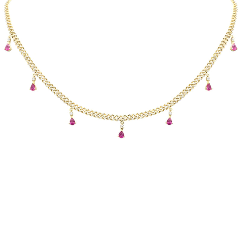 SPECIAL! 2.49ct G SI 14K Yellow Gold Diamond & Pink Tourmaline Gemstone Cuban Necklace 14" + 2" Long