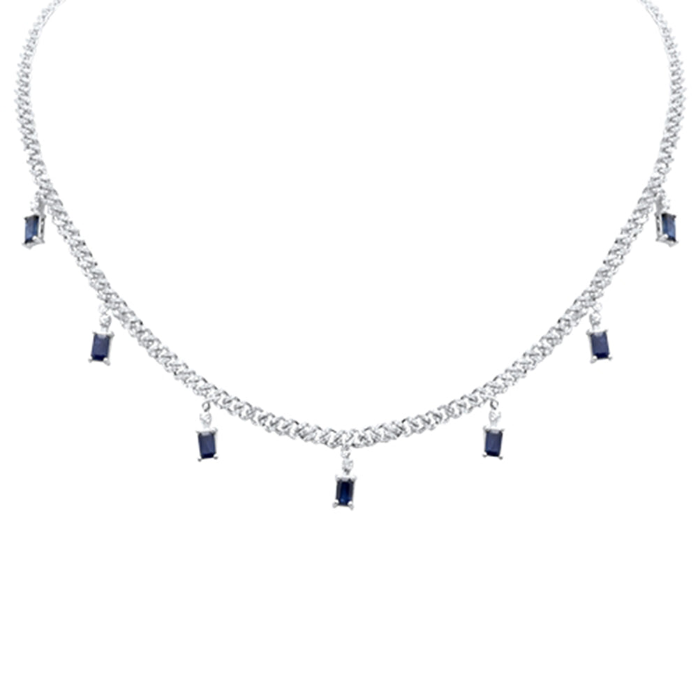 GEMSTONE CLOSEOUT!  3.24ct G SI 14K White Gold Diamond & Blue Sapphire Gemstone Cuban Necklace 12" + 4" Long