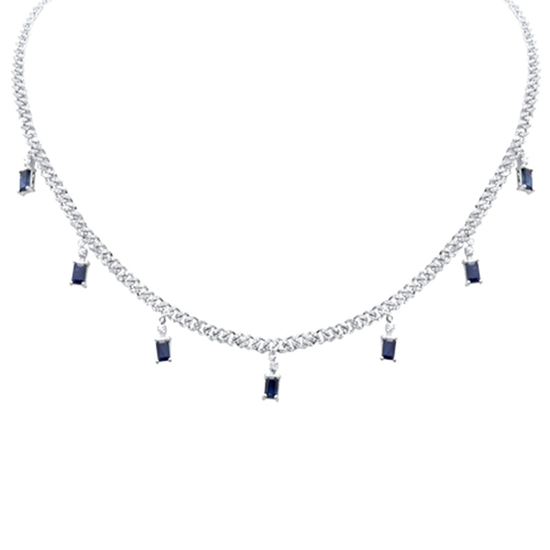 GEMSTONE CLOSEOUT!  3.24ct G SI 14K White Gold Diamond & Blue Sapphire Gemstone Cuban Necklace 12" + 4" Long