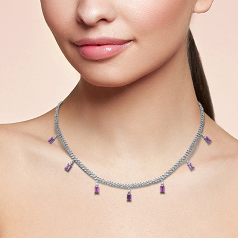 GEMSTONE CLOSEOUT!  5.00ct G SI 14K White Gold Diamond & Pink Sapphire Gemstone Cuban Necklace 12" + 4" Long