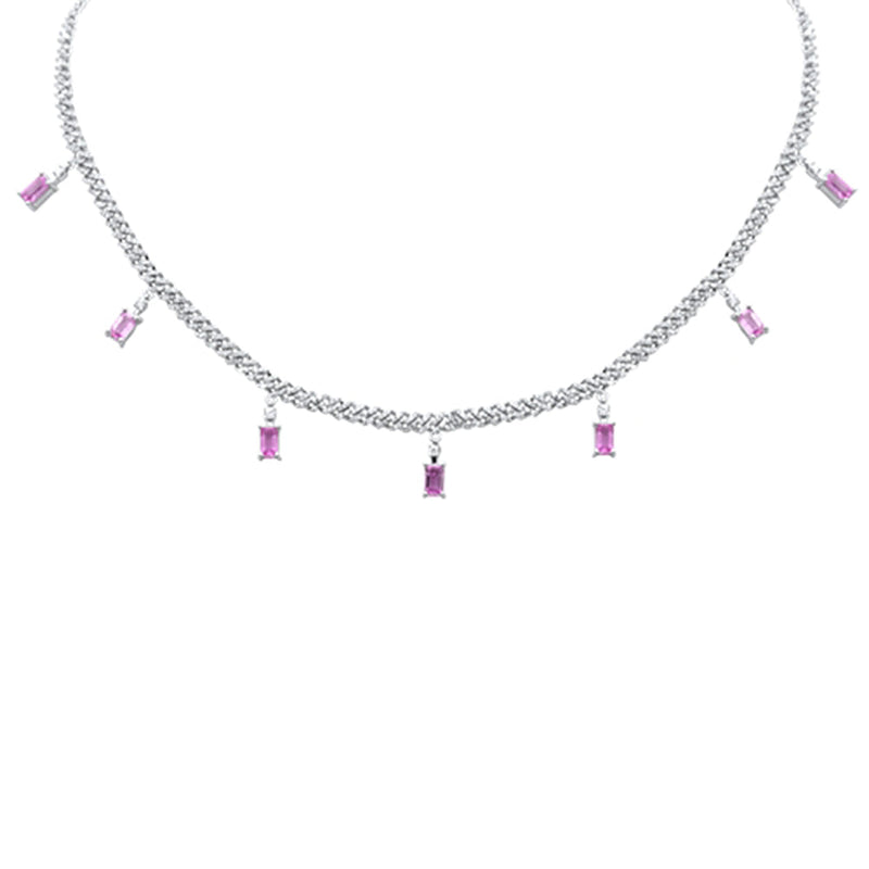 GEMSTONE CLOSEOUT!  5.00ct G SI 14K White Gold Diamond & Pink Sapphire Gemstone Cuban Necklace 12" + 4" Long