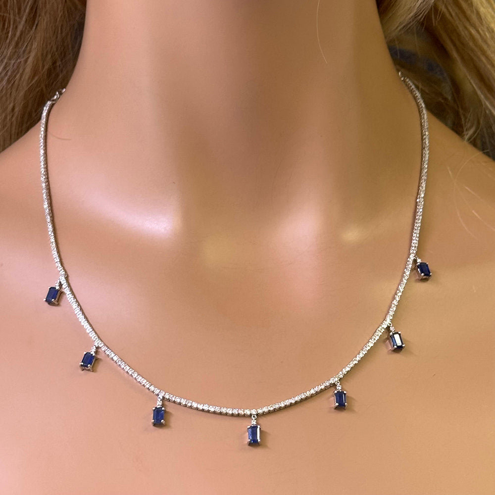 SPECIAL! 4.06ct G SI 14K White Gold Diamond & Blue Sapphire Gemstone Tennis Necklace 13" + 6" EXT