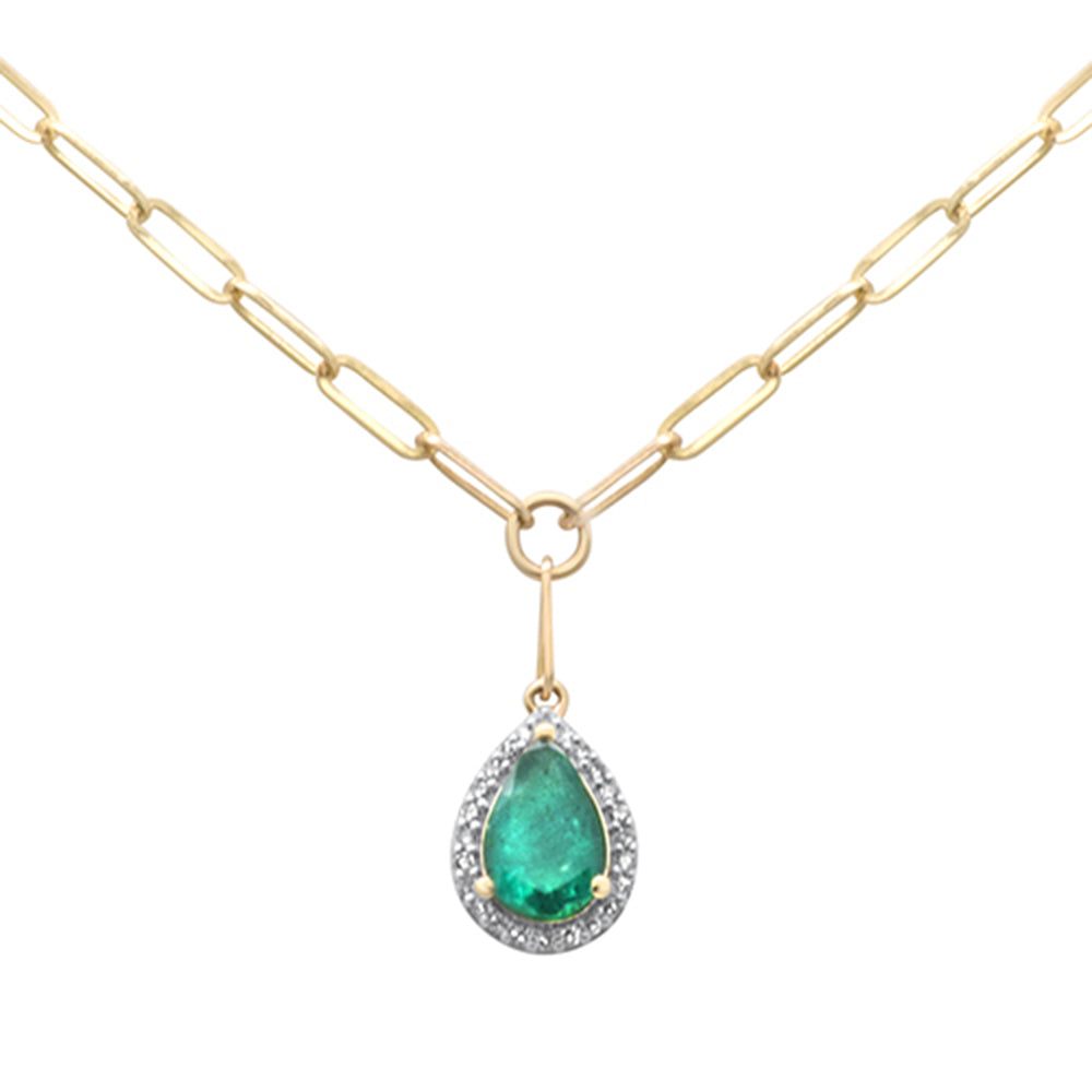 SPECIAL! 1.53ct G SI 14K Yellow Gold Diamond & Pear Shape Emerald Gemstones Paper Clip Pendant Necklace  15+2" Ext Long Chain