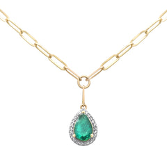 SPECIAL! 1.53ct G SI 14K Yellow Gold Diamond & Pear Shape Emerald Gemstones Paper Clip Pendant Necklace  15+2" Ext Long Chain