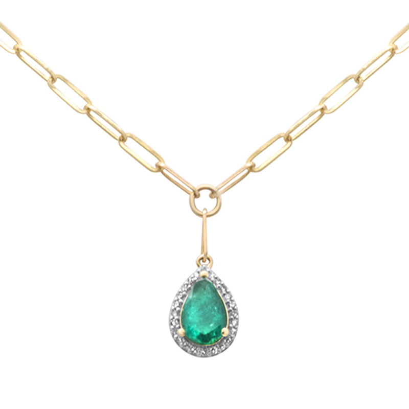SPECIAL! 1.53ct G SI 14K Yellow Gold Diamond & Pear Shape Emerald Gemstones Paper Clip Pendant Necklace  15+2" Ext Long Chain