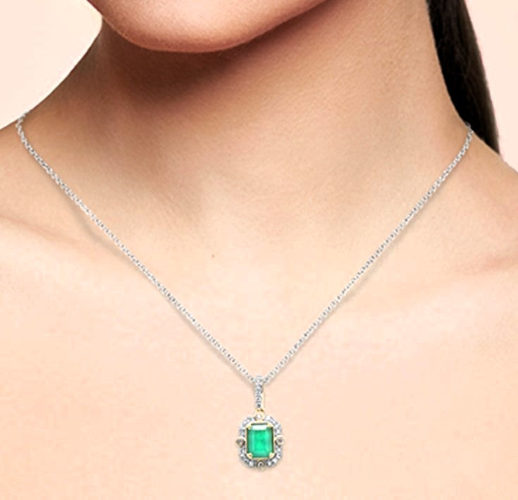 SPECIAL! 1.18ct SI 14K Yellow Gold Diamond & Emerald Gemstone Pendant Necklace 18" Long Chain