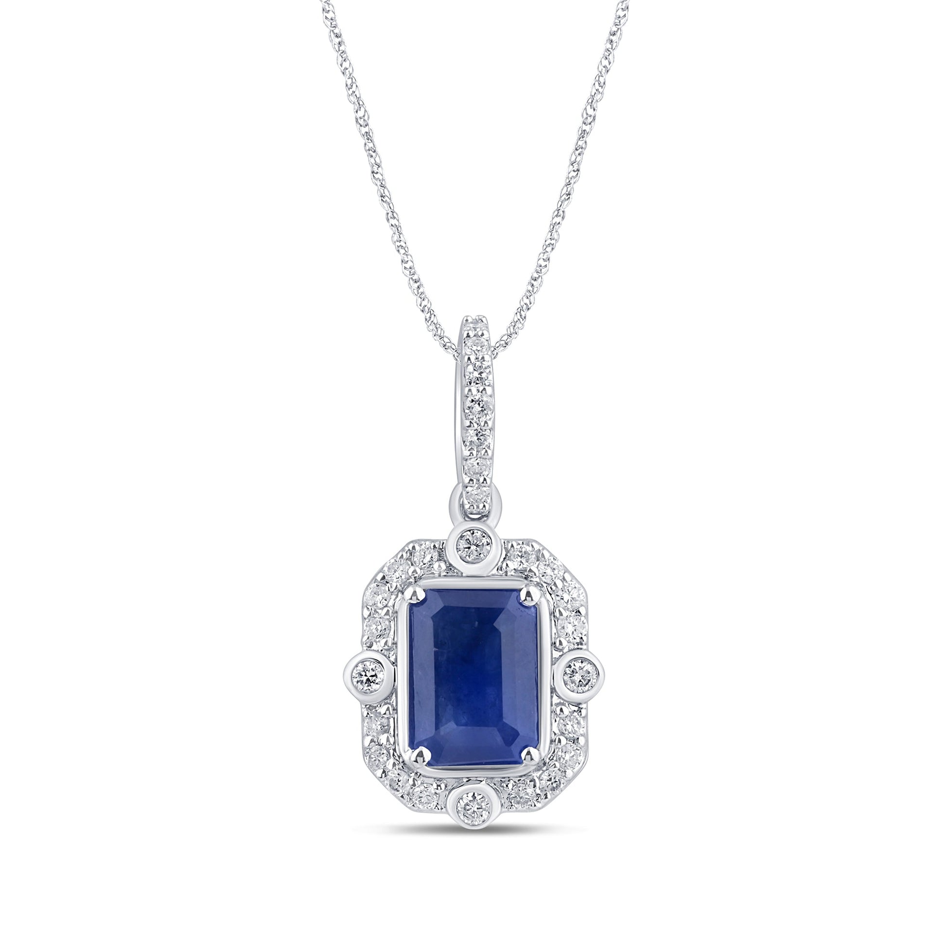 SPECIAL! 1.23ct G SI 14K White Gold Diamond & Blue Sapphire Gemstones Pendant Necklace 18" Long Chain