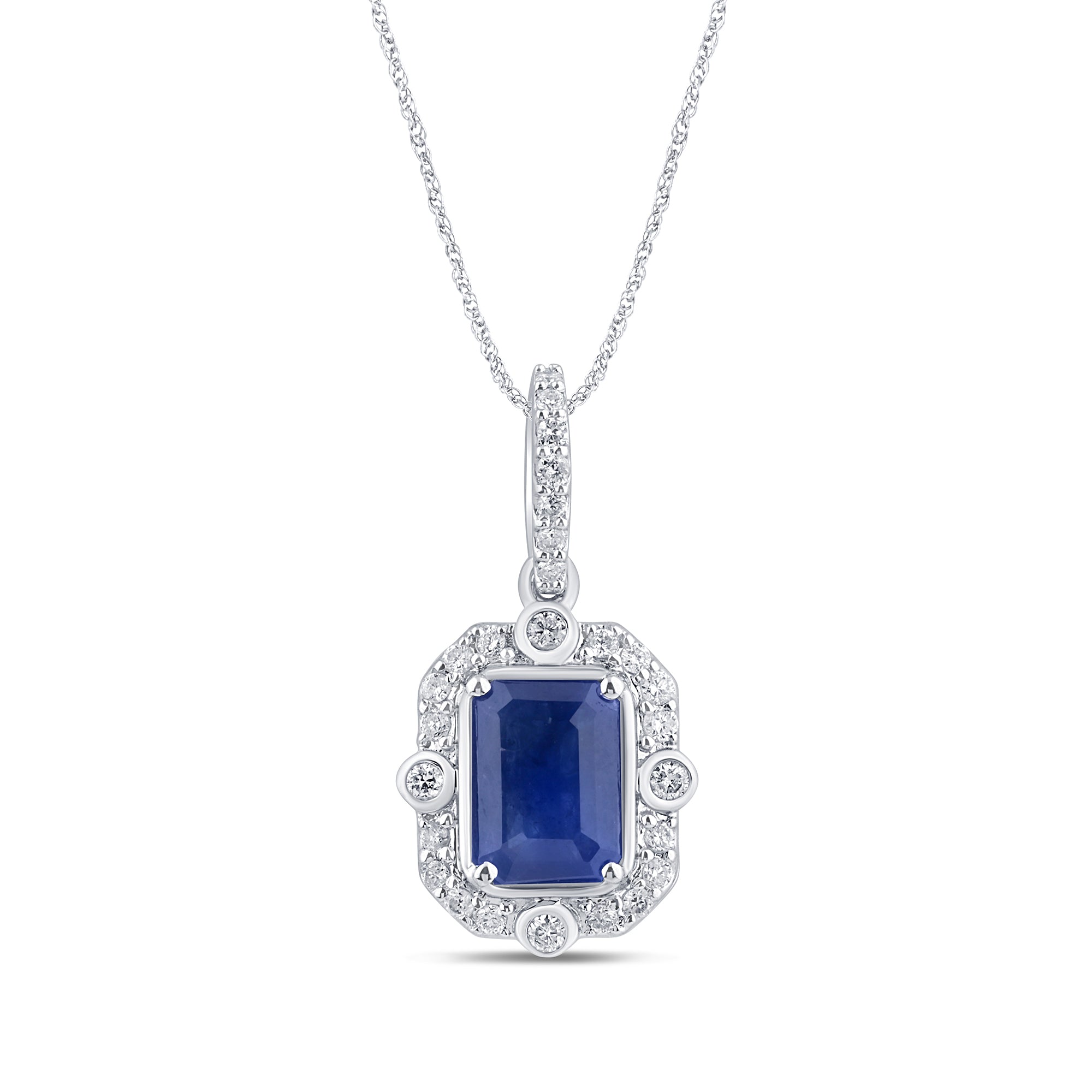 SPECIAL! 1.23ct G SI 14K White Gold Diamond & Blue Sapphire Gemstones Pendant Necklace 18" Long Chain