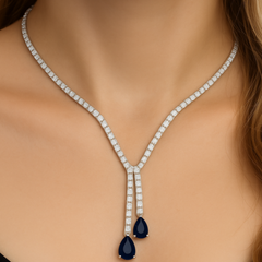 SPECIAL!9.90ct G SI 14K White Gold Diamond & Blue Sapphire Tennis Lariat Drop Necklace 16+2" Ext Long
