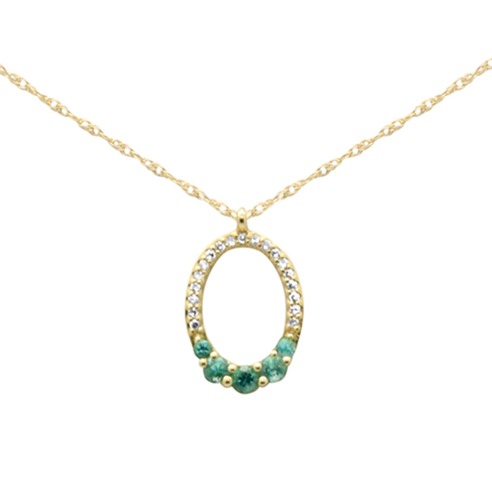 .22ct G SI 14K Yellow Gold Diamond & Emerald Gemstones Oval Pendant Necklace 18" Long