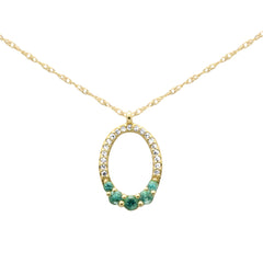 .22ct G SI 14K Yellow Gold Diamond & Emerald Gemstones Oval Pendant Necklace 18" Long