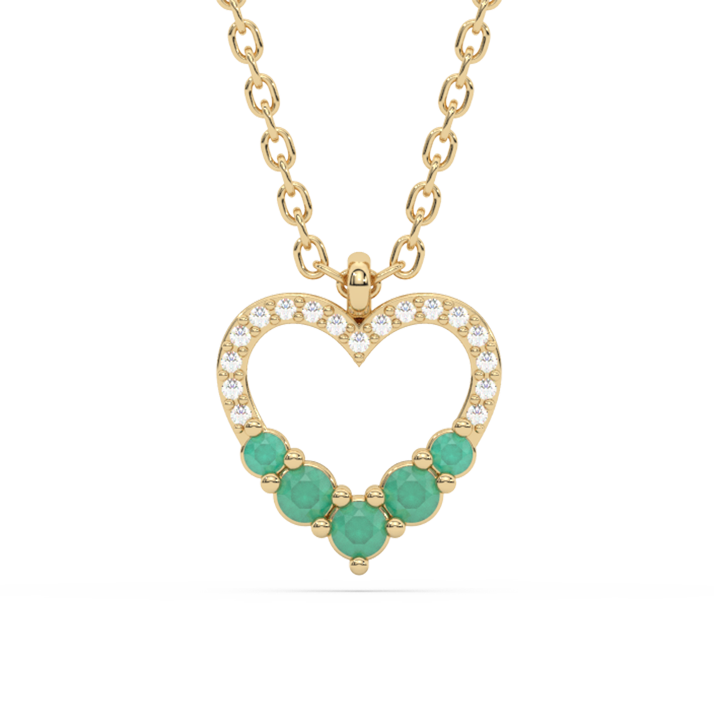 .20ct G SI 14K Yellow Gold Diamond & Heart Shape Emerald Gemstones Pendant Necklace 18" Long