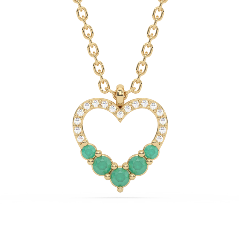 .20ct G SI 14K Yellow Gold Diamond & Heart Shape Emerald Gemstones Pendant Necklace 18" Long