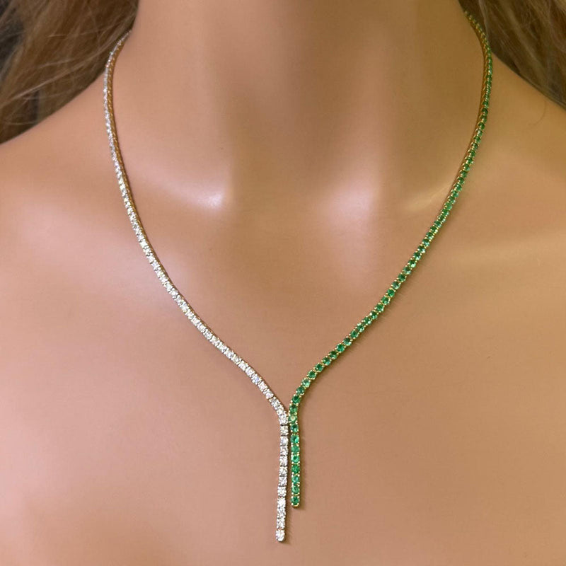SPECIAL!7.48ct G SI 14K Yellow Gold Diamond & Emerald Gemstones Tennis Lariat Necklace 16+2" Long