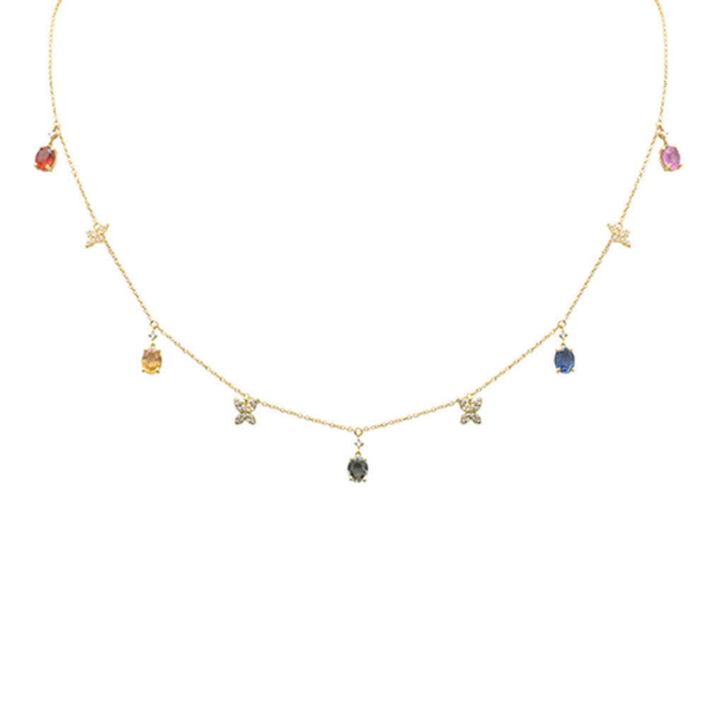 SPECIAL!2.30ct G SI 14K Yellow Gold Diamond & Oval Shape Multi Color Sapphire Gemstones Pendant Necklace 16+2" Long