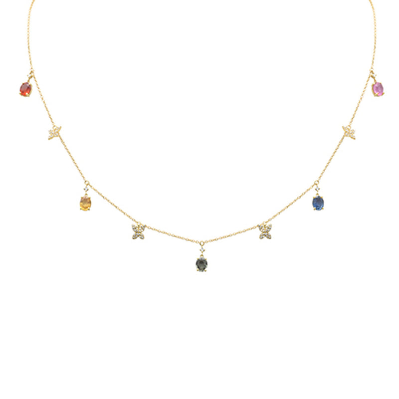SPECIAL!2.30ct G SI 14K Yellow Gold Diamond & Oval Shape Multi Color Sapphire Gemstones Pendant Necklace 16+2" Long