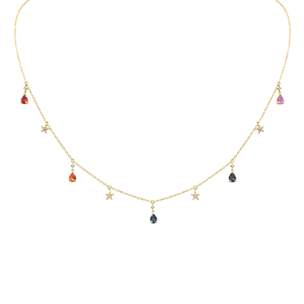DIAMOND CLOSEOUT!  .96ct G SI 14K Yellow Gold Diamond & Pear Shape Multi Sapphire Gemstones Pendant Necklace 16+2" Long
