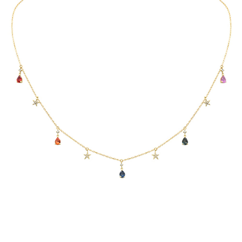 DIAMOND CLOSEOUT!  .96ct G SI 14K Yellow Gold Diamond & Pear Shape Multi Sapphire Gemstones Pendant Necklace 16+2" Long