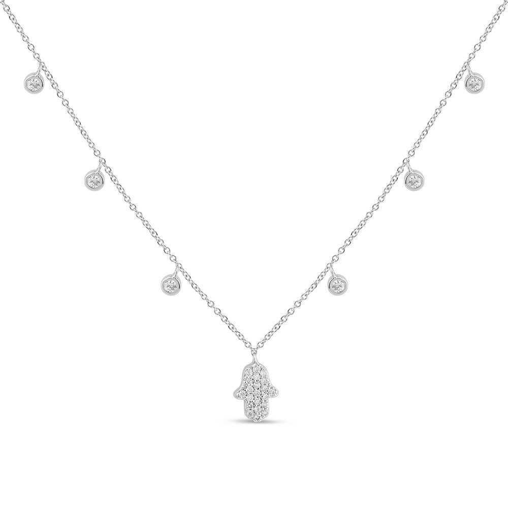 SPECIAL!.37ct G SI 14K White Gold Diamond Hand of Hamsa Pendant Necklace 14+2" Long Chain