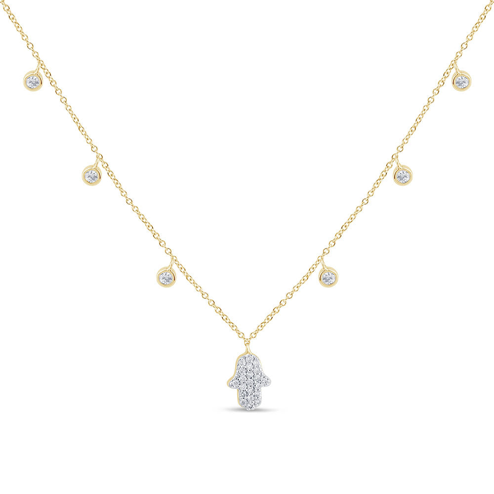 SPECIAL!.36ct G SI 14K Yellow Gold Diamond Hand of Hamsa Pendant Necklace 14+2" Long Chain