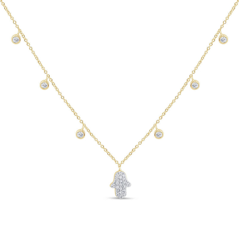 SPECIAL!.36ct G SI 14K Yellow Gold Diamond Hand of Hamsa Pendant Necklace 14+2" Long Chain