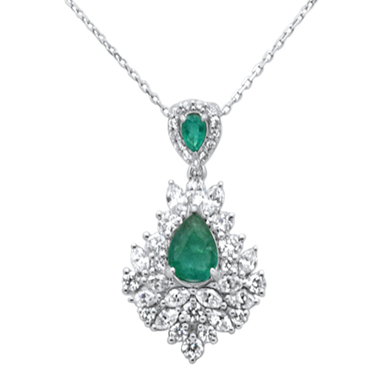 SPECIAL! 2.55ct G SI 14K White Gold Diamond & Emerald Gemstones Pendant Necklace 18" Long Chain