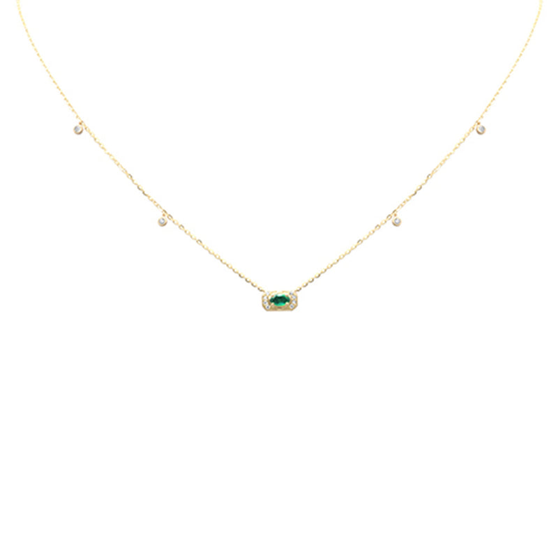 .10ct G SI 14K Yellow Gold Diamond & Emerald Gemstones Pendant Necklace 16+2" Long