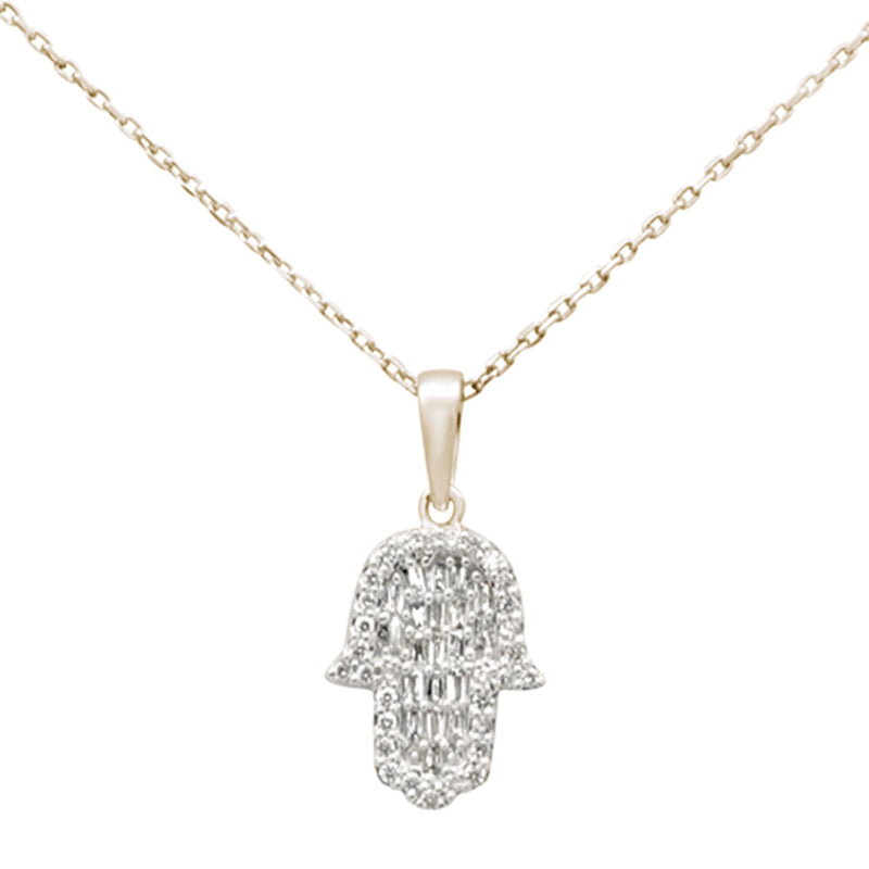SPECIAL! .26ct G SI 14K Yellow Gold Diamond Round & Baguette Hamsa Pendant Necklace 18" Long