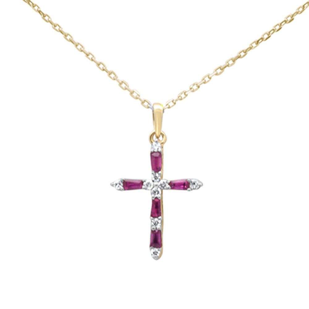 .30ct G SI 14K Yellow Gold Diamond & Ruby Gemstone Pendant Cross Necklace 18" Long