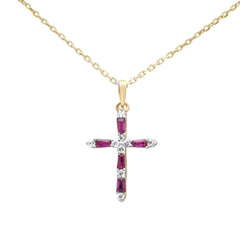 .30ct G SI 14K Yellow Gold Diamond & Ruby Gemstone Pendant Cross Necklace 18" Long