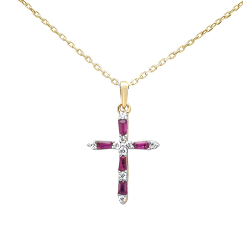 .30ct G SI 14K Yellow Gold Diamond & Ruby Gemstone Pendant Cross Necklace 18" Long