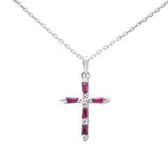 .27ct G SI 14K White Gold Diamond & Ruby Gemstone Pendant Cross Necklace 18" Long