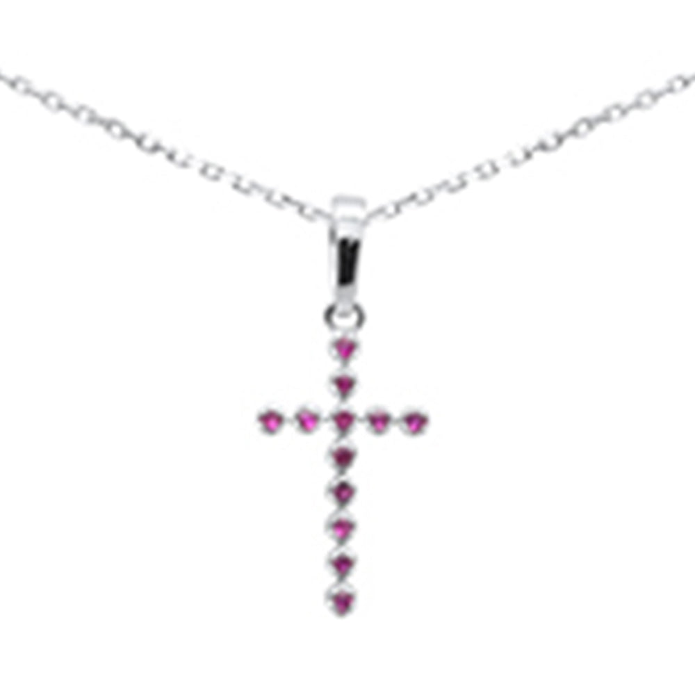 .10ct G SI 14K White Gold Ruby Gemstones Cross Pendant Necklace 18' Long Chain