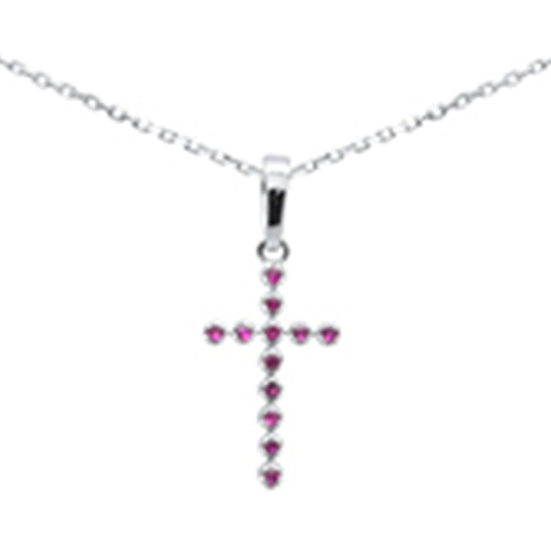 .10ct G SI 14K White Gold Ruby Gemstones Cross Pendant Necklace 18' Long Chain