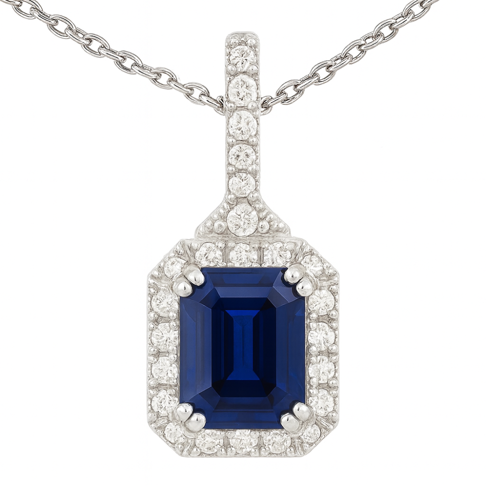 SPECIAL! .77ct G SI 14K White Gold Diamond & Blue Sapphire Gemstones Pendant Necklace 18" Long Chain