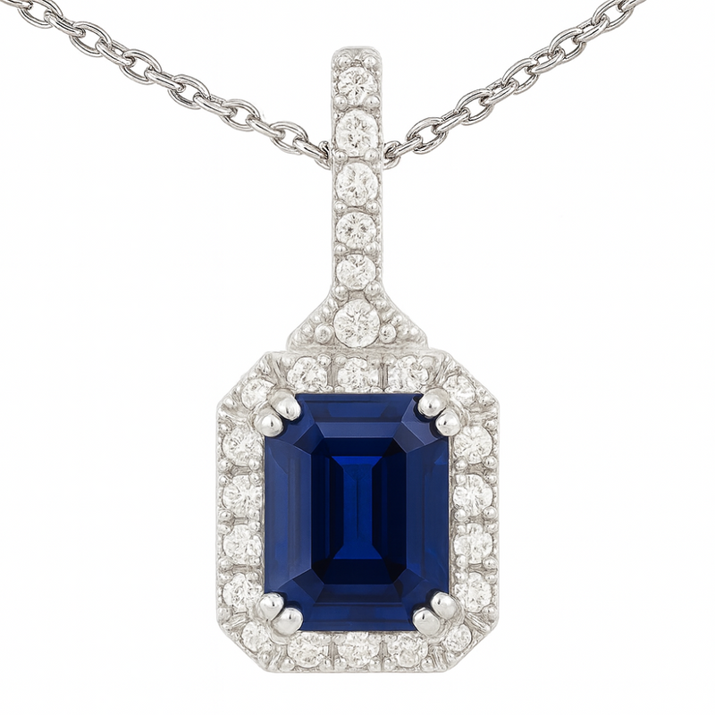 SPECIAL! .77ct G SI 14K White Gold Diamond & Blue Sapphire Gemstones Pendant Necklace 18" Long Chain