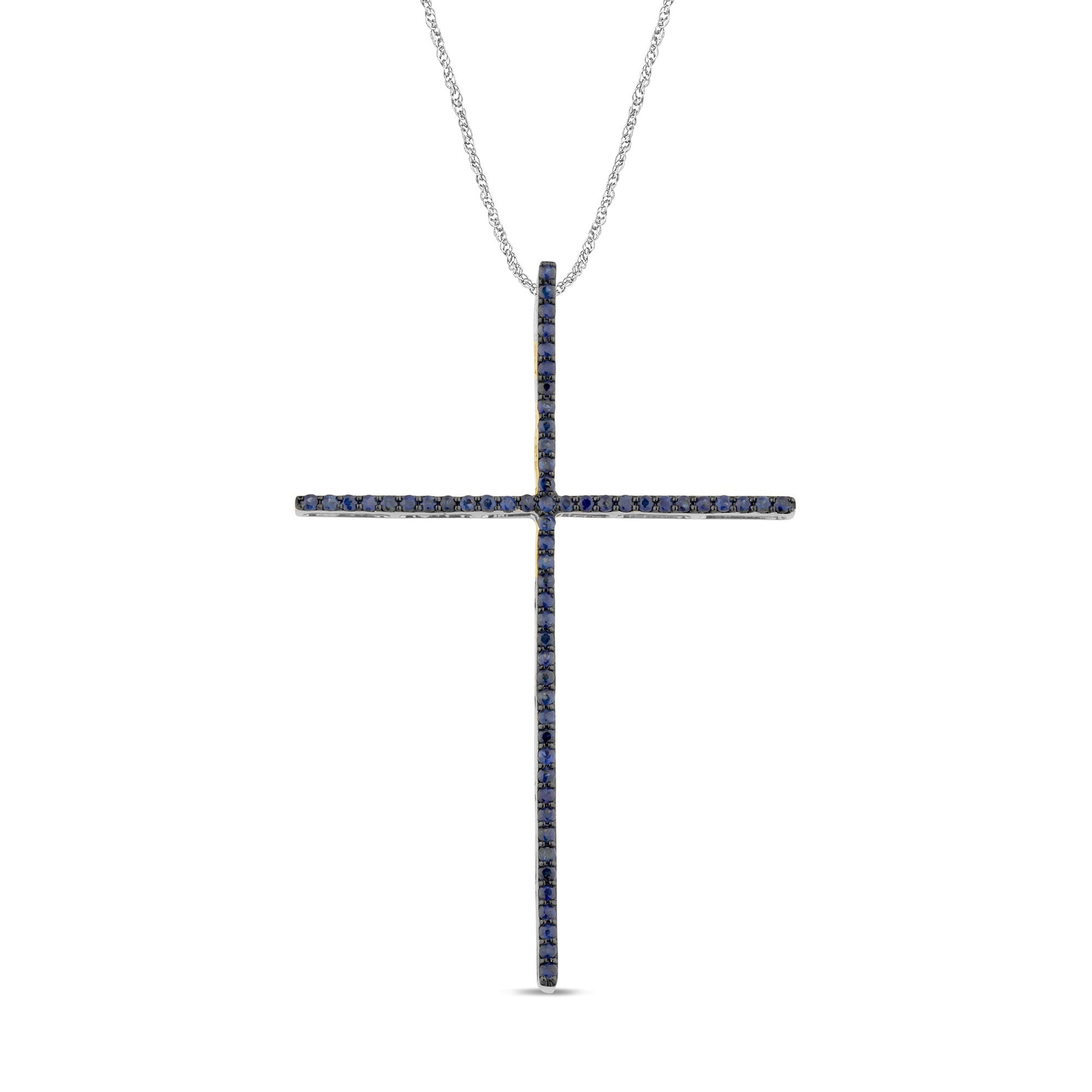 SPECIAL! .43ct G SI 14K White Gold Blue Sapphire Gemstones Cross Pendant Necklace 18" Long Chain
