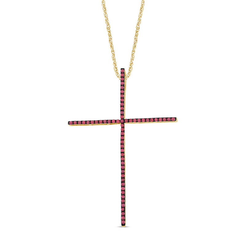 SPECIAL! .43ct G SI 14K Yellow Gold Ruby Gemstones Cross Pendant Necklace 18" Long Chain