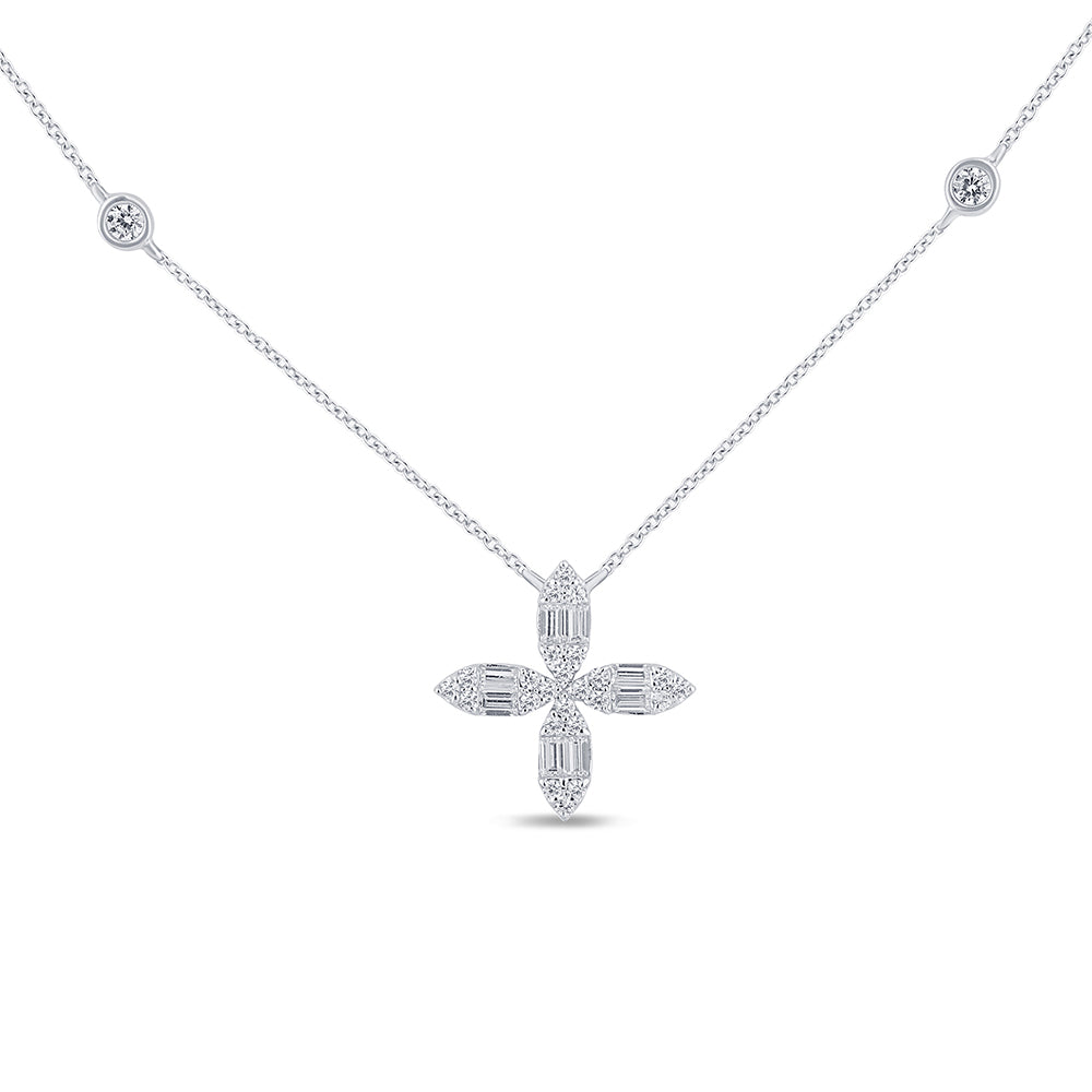 SPECIAL!.30ct G SI 14K White Gold Round & Baguette Diamond Cross Flower Pendant Necklace 16" Long